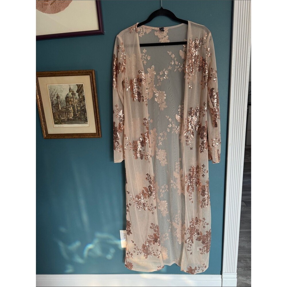 Windsor Rose Gold Sequin Floral Mesh Duster Cardigan